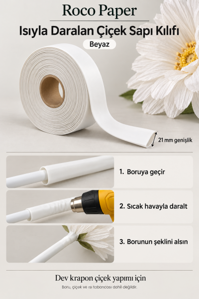 Dev Çiçek Esnek Boru Kılıfı, Isıtılınca Daralan Kılıf 21 mm. Beyaz - 3 Metre