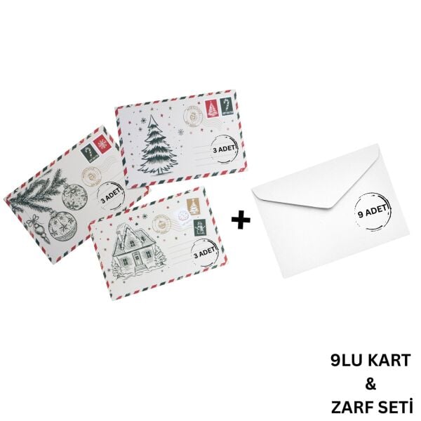 Yılbaşı Kartpostal ve Zarf Seti, 9 Adet, Yeniyıl Tebrik ve Hediye Kartı, 10x15Cm (3 Farklı Tasarım)