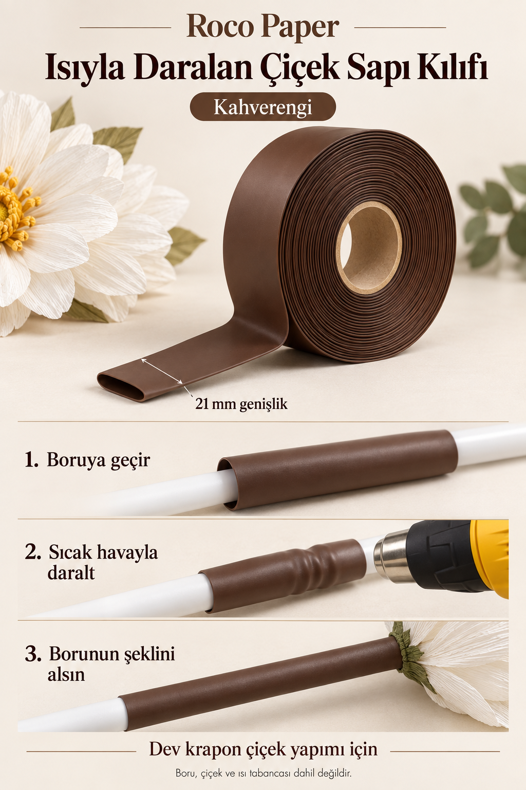 Dev Çiçek Esnek Boru Kılıfı, Isıtılınca Daralan Kılıf 21 mm. Kahverengi - 3 Metre
