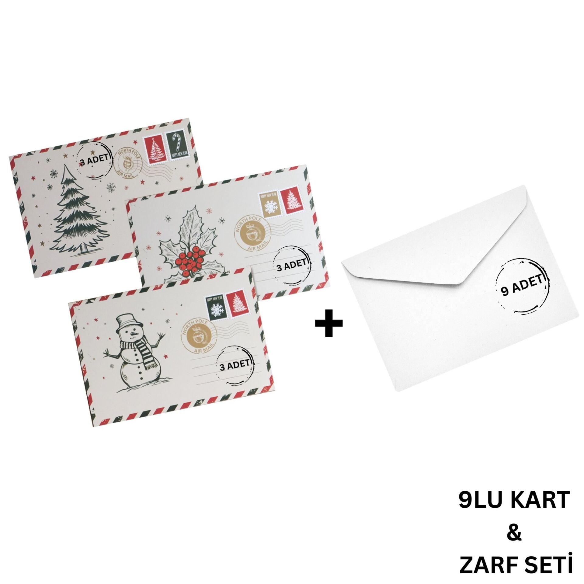 Yılbaşı Kartpostal ve Zarf Seti, 9 Adet, Yeniyıl Tebrik ve Hediye Kartı, 10x15Cm (3 Farklı Tema)