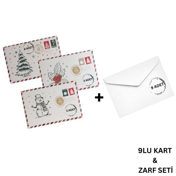 Yılbaşı Kartpostal ve Zarf Seti, 9 Adet, Yeniyıl Tebrik ve Hediye Kartı, 10x15Cm (3 Farklı Tema)
