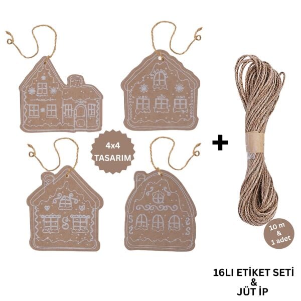 Yılbaşı, Gingerbread Ev Tasarımlı Hediye Etiket & 10m Jüt İp Seti-16lı, Kraft Delikli Tebrik Kartı