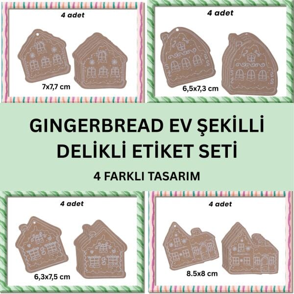 Yılbaşı, Gingerbread Ev Tasarımlı Hediye Etiket & 10m Jüt İp Seti-16lı, Kraft Delikli Tebrik Kartı