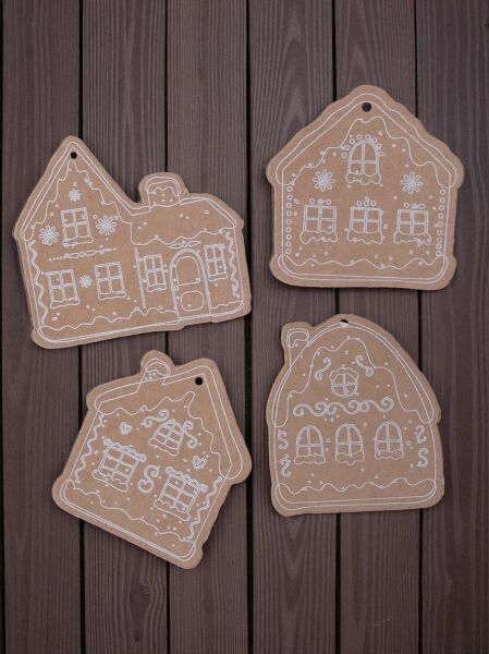 Yılbaşı, Gingerbread Ev Tasarımlı Hediye Etiket & 10m Jüt İp Seti-16lı, Kraft Delikli Tebrik Kartı