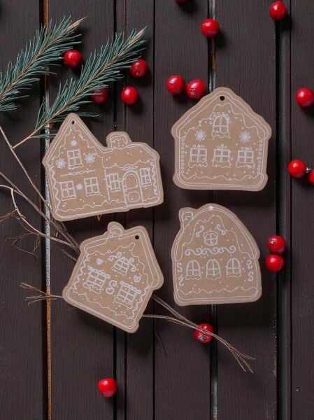 Yılbaşı, Gingerbread Ev Tasarımlı Hediye Etiket & 10m Jüt İp Seti-16lı, Kraft Delikli Tebrik Kartı