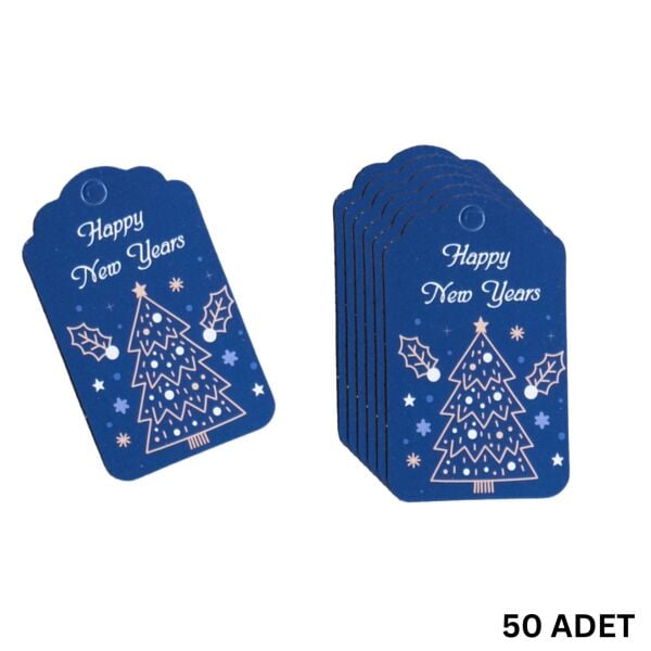 Yılbaşı Happy New Years Yazılı Hediye Etiketi, Delikli, Çam Desenli Paketleme Kartı, 50 Adet, 4,5x7.5Cm