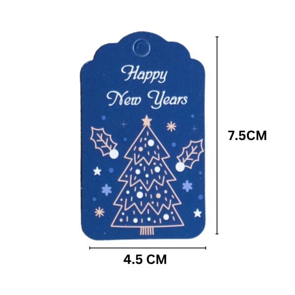 Yılbaşı Happy New Years Yazılı Hediye Etiketi, Delikli, Çam Desenli Paketleme Kartı, 50 Adet, 4,5x7.5Cm