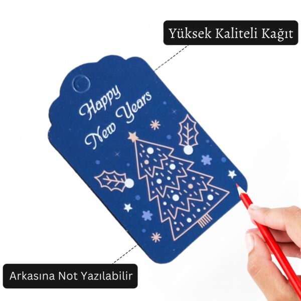 Yılbaşı Happy New Years Yazılı Hediye Etiketi, Delikli, Çam Desenli Paketleme Kartı, 50 Adet, 4,5x7.5Cm