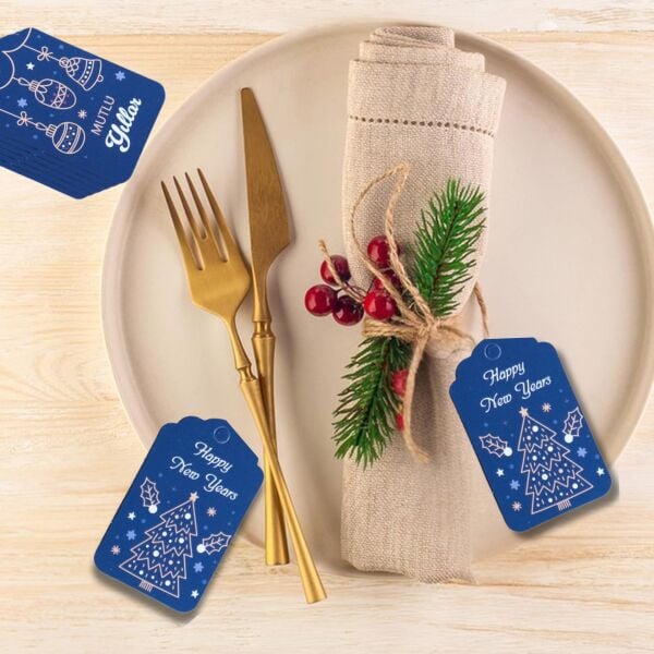 Yılbaşı Happy New Years Yazılı Hediye Etiketi, Delikli, Çam Desenli Paketleme Kartı, 50 Adet, 4,5x7.5Cm