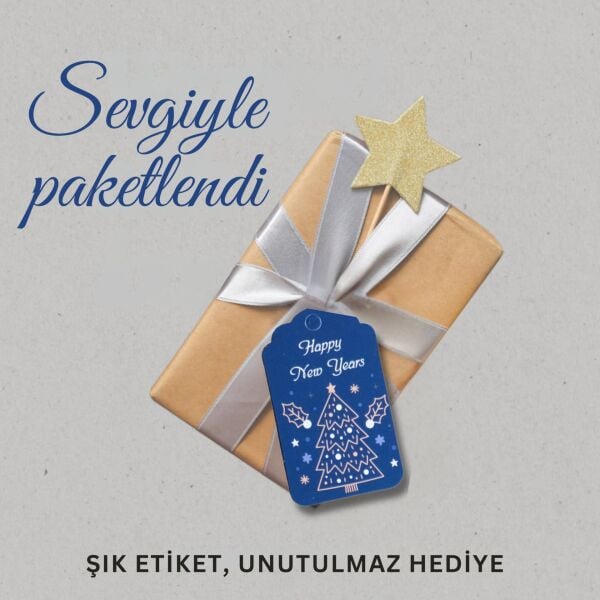 Yılbaşı Happy New Years Yazılı Hediye Etiketi, Delikli, Çam Desenli Paketleme Kartı, 50 Adet, 4,5x7.5Cm