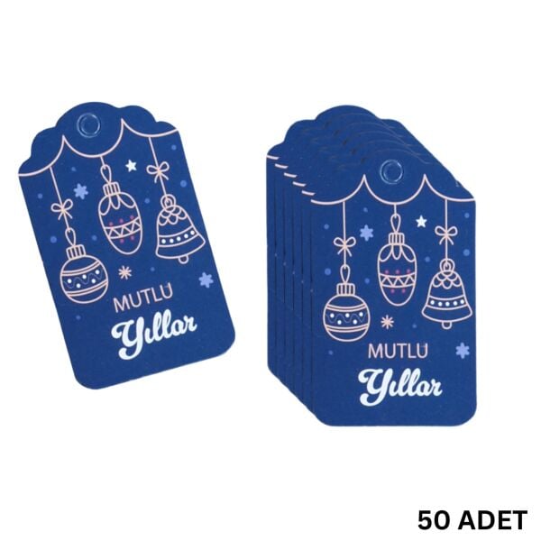Yılbaşı Mutlu Yıllar Yazılı Hediye Etiketi, Delikli, Küre Desenli Paketleme Kartı, 50 Adet-4,5x7.5Cm