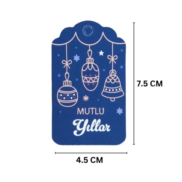 Yılbaşı Mutlu Yıllar Yazılı Hediye Etiketi, Delikli, Küre Desenli Paketleme Kartı, 50 Adet-4,5x7.5Cm