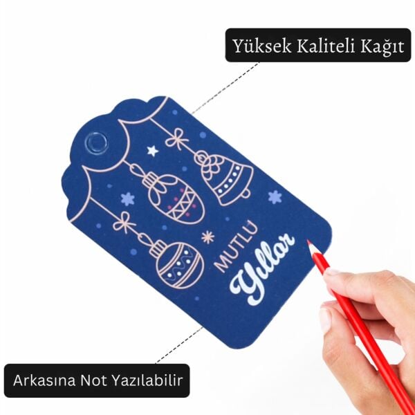 Yılbaşı Mutlu Yıllar Yazılı Hediye Etiketi, Delikli, Küre Desenli Paketleme Kartı, 50 Adet-4,5x7.5Cm