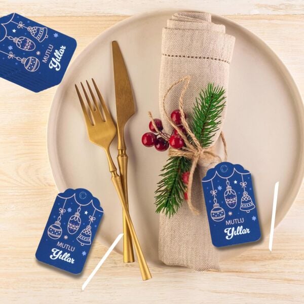 Yılbaşı Mutlu Yıllar Yazılı Hediye Etiketi, Delikli, Küre Desenli Paketleme Kartı, 50 Adet-4,5x7.5Cm