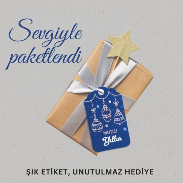 Yılbaşı Mutlu Yıllar Yazılı Hediye Etiketi, Delikli, Küre Desenli Paketleme Kartı, 50 Adet-4,5x7.5Cm