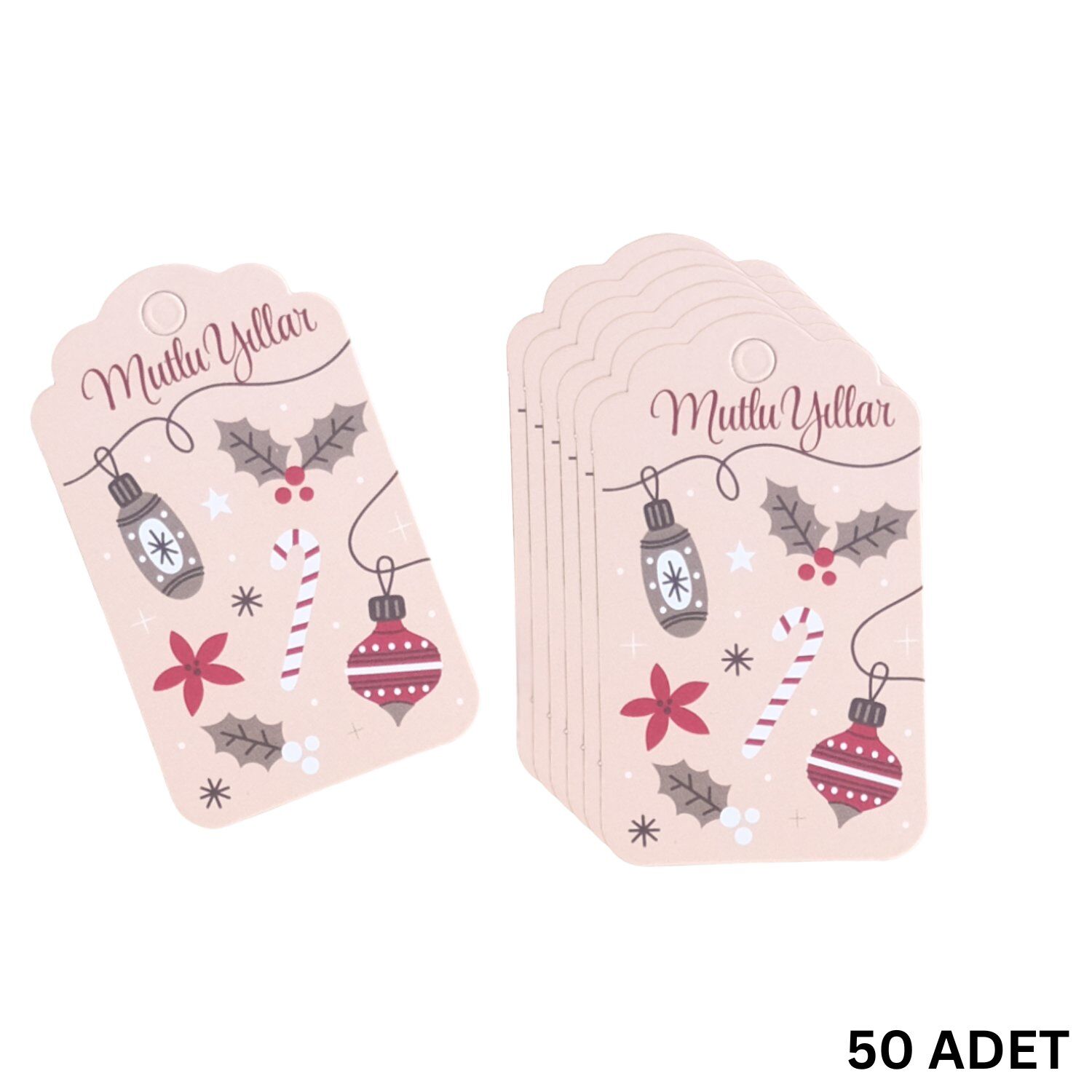 Yılbaşı Mutlu Yıllar Yazılı Hediye Etiketi, Yeniyıl Kokina Temalı Paketleme Kartı, 50 Adet-4.5x7.5Cm