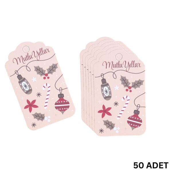 Yılbaşı Mutlu Yıllar Yazılı Hediye Etiketi, Yeniyıl Kokina Temalı Paketleme Kartı, 50 Adet-4.5x7.5Cm