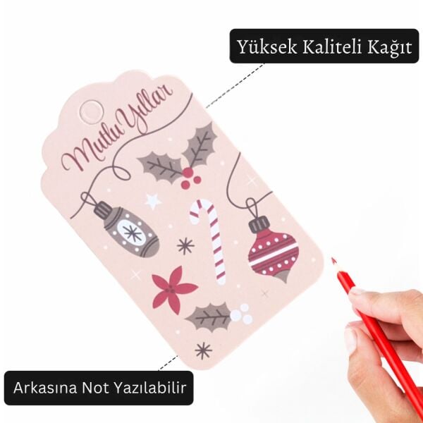 Yılbaşı Mutlu Yıllar Yazılı Hediye Etiketi, Yeniyıl Kokina Temalı Paketleme Kartı, 50 Adet-4.5x7.5Cm