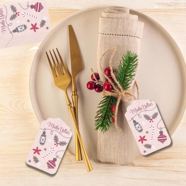 Yılbaşı Mutlu Yıllar Yazılı Hediye Etiketi, Yeniyıl Kokina Temalı Paketleme Kartı, 50 Adet-4.5x7.5Cm
