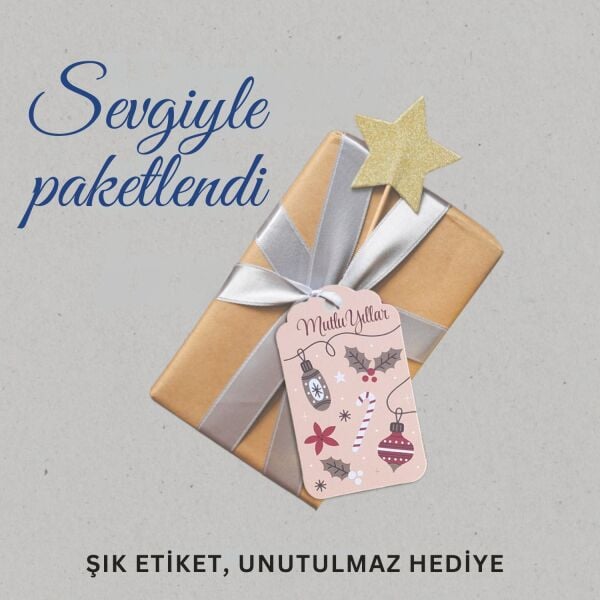 Yılbaşı Mutlu Yıllar Yazılı Hediye Etiketi, Yeniyıl Kokina Temalı Paketleme Kartı, 50 Adet-4.5x7.5Cm