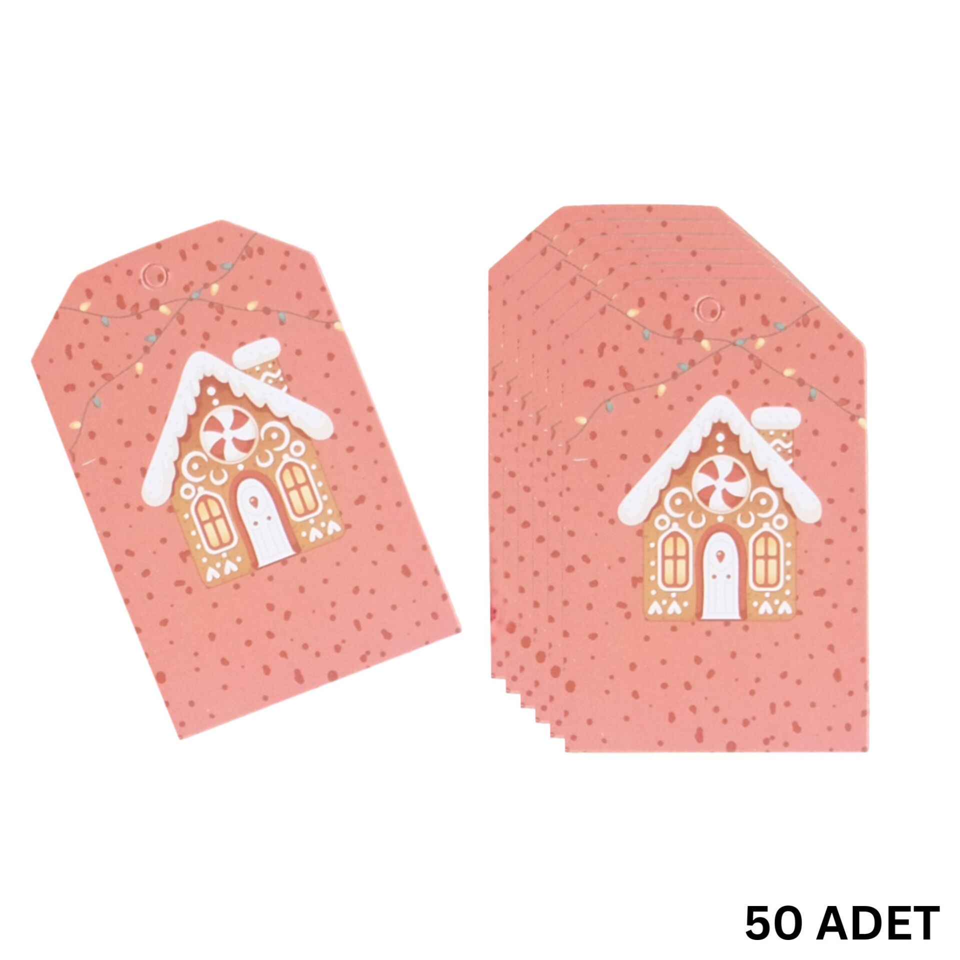 Yılbaşı Ev Temalı Hediye Etiketi, Yeniyıl, Noel Delikli Paketleme  Kartı, 50 Adet-4.8x7.5 Cm, Pembe