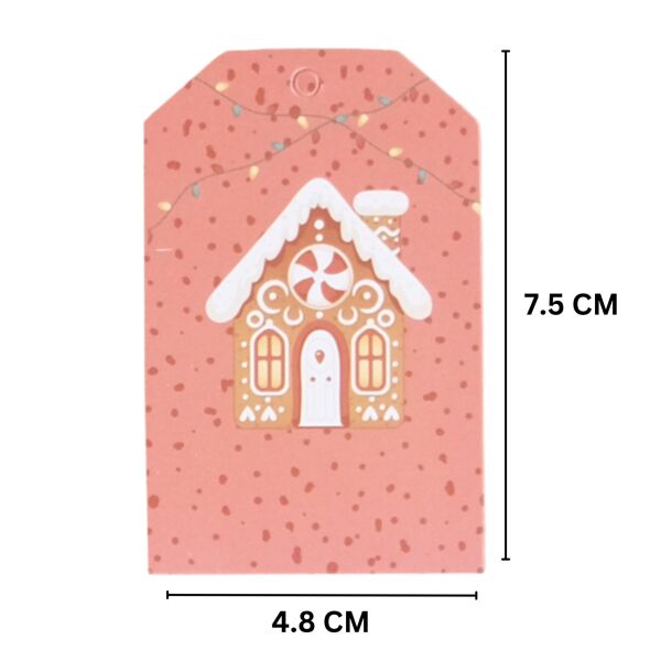 Yılbaşı Ev Temalı Hediye Etiketi, Yeniyıl, Noel Delikli Paketleme  Kartı, 50 Adet-4.8x7.5 Cm, Pembe