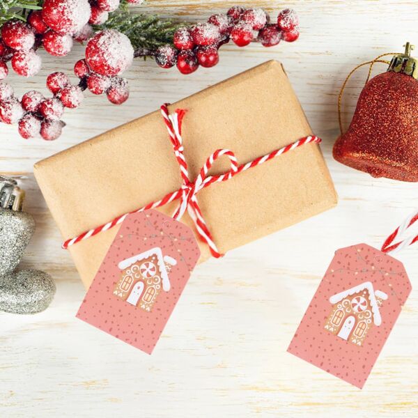 Yılbaşı Ev Temalı Hediye Etiketi, Yeniyıl, Noel Delikli Paketleme  Kartı, 50 Adet-4.8x7.5 Cm, Pembe