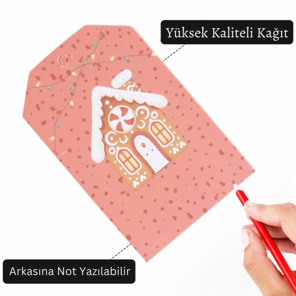 Yılbaşı Ev Temalı Hediye Etiketi, Yeniyıl, Noel Delikli Paketleme  Kartı, 50 Adet-4.8x7.5 Cm, Pembe