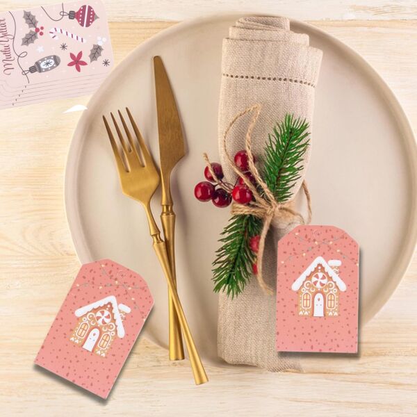 Yılbaşı Ev Temalı Hediye Etiketi, Yeniyıl, Noel Delikli Paketleme  Kartı, 50 Adet-4.8x7.5 Cm, Pembe
