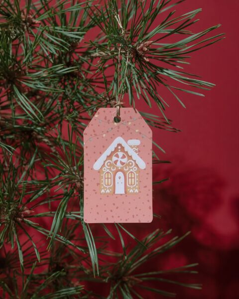 Yılbaşı Ev Temalı Hediye Etiketi, Yeniyıl, Noel Delikli Paketleme  Kartı, 50 Adet-4.8x7.5 Cm, Pembe