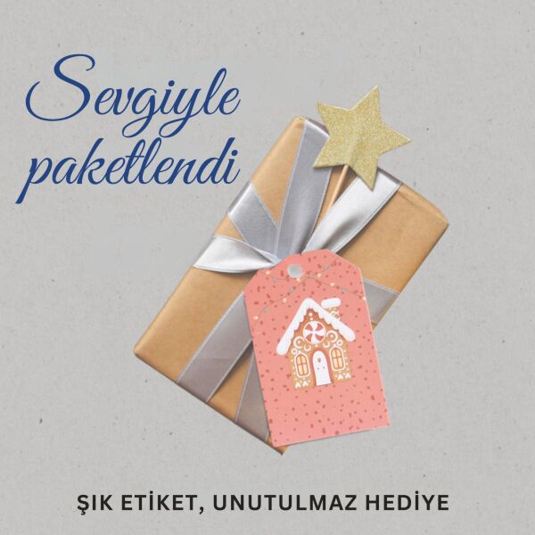 Yılbaşı Ev Temalı Hediye Etiketi, Yeniyıl, Noel Delikli Paketleme  Kartı, 50 Adet-4.8x7.5 Cm, Pembe