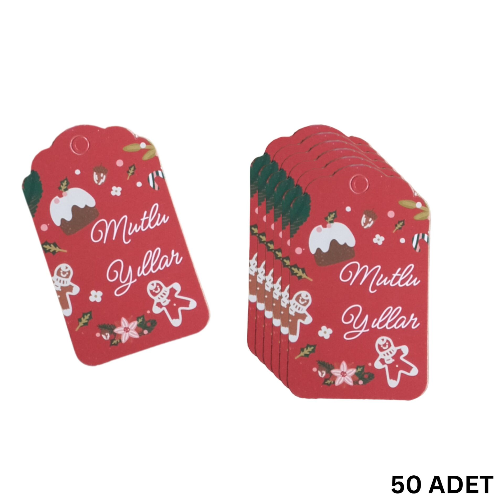 Yılbaşı Mutlu Yıllar Yazılı Hediye Etiketi, Yeniyıl Paketleme Kartı, 50 Adet-4,5x7.5Cm, Kırmızı