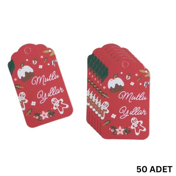 Yılbaşı Mutlu Yıllar Yazılı Hediye Etiketi, Yeniyıl Paketleme Kartı, 50 Adet-4,5x7.5Cm, Kırmızı