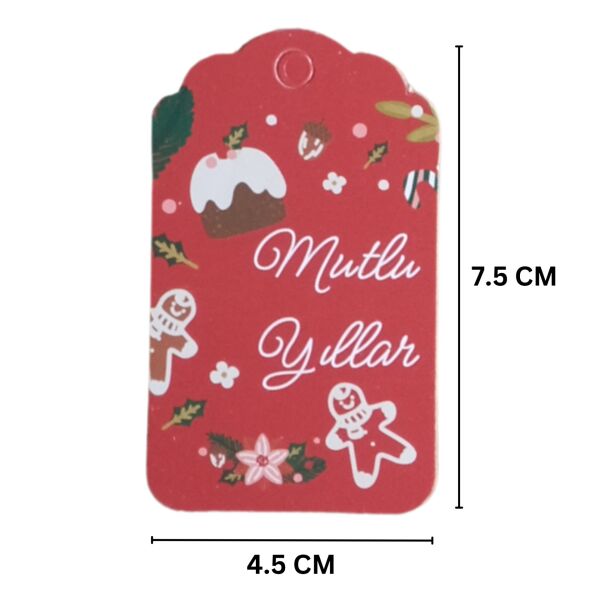Yılbaşı Mutlu Yıllar Yazılı Hediye Etiketi, Yeniyıl Paketleme Kartı, 50 Adet-4,5x7.5Cm, Kırmızı