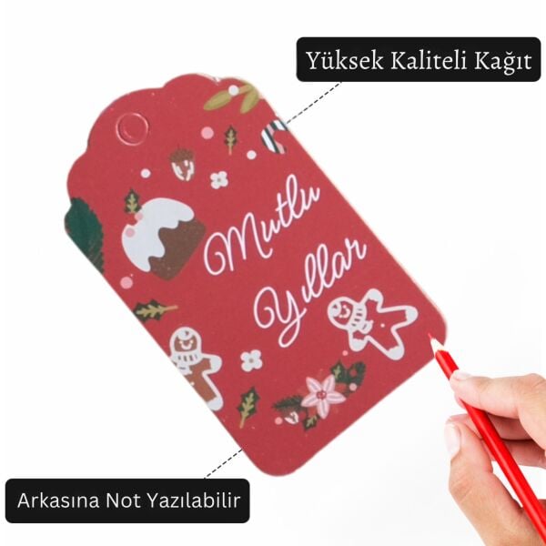 Yılbaşı Mutlu Yıllar Yazılı Hediye Etiketi, Yeniyıl Paketleme Kartı, 50 Adet-4,5x7.5Cm, Kırmızı