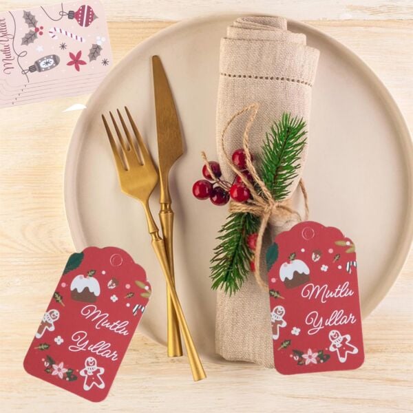 Yılbaşı Mutlu Yıllar Yazılı Hediye Etiketi, Yeniyıl Paketleme Kartı, 50 Adet-4,5x7.5Cm, Kırmızı