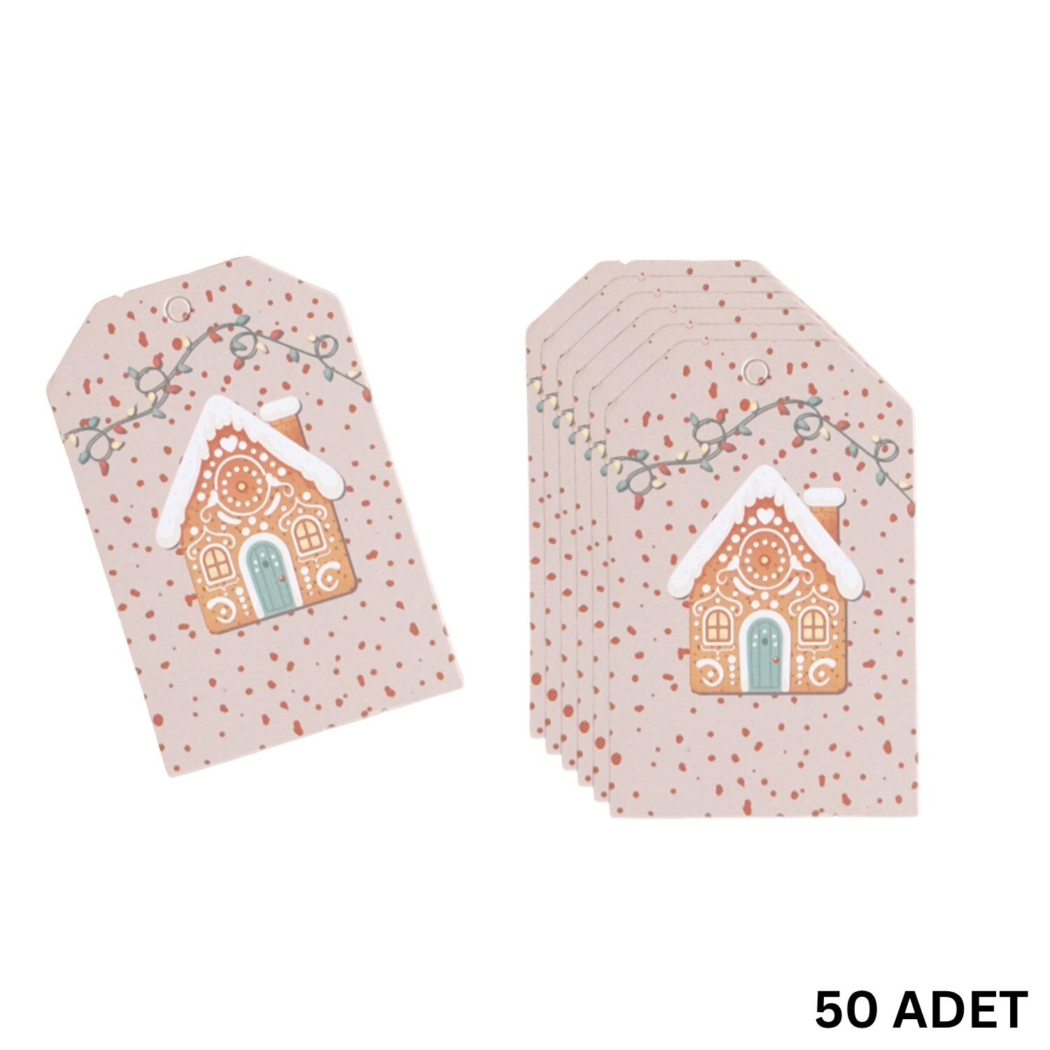 Yılbaşı Ev Temalı Hediye Etiketi, Yeniyıl, Noel Delikli Paketleme  Kartı, 50 Adet-4.8x7.5 Cm, Krem