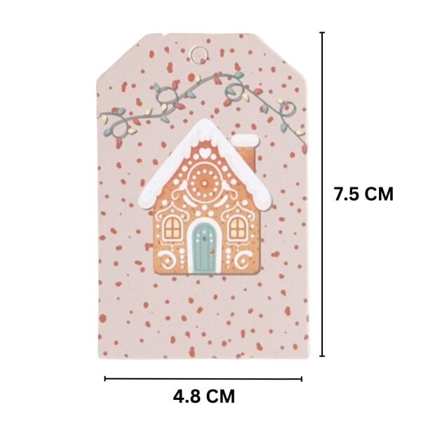 Yılbaşı Ev Temalı Hediye Etiketi, Yeniyıl, Noel Delikli Paketleme  Kartı, 50 Adet-4.8x7.5 Cm, Krem