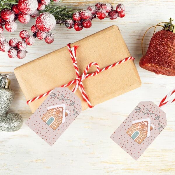 Yılbaşı Ev Temalı Hediye Etiketi, Yeniyıl, Noel Delikli Paketleme  Kartı, 50 Adet-4.8x7.5 Cm, Krem