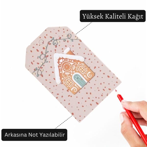 Yılbaşı Ev Temalı Hediye Etiketi, Yeniyıl, Noel Delikli Paketleme  Kartı, 50 Adet-4.8x7.5 Cm, Krem