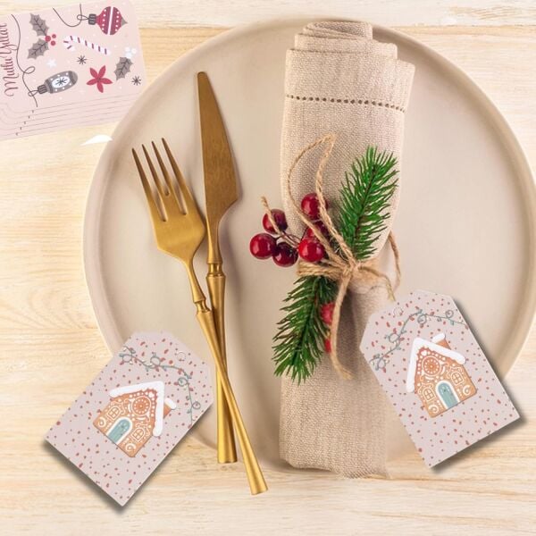Yılbaşı Ev Temalı Hediye Etiketi, Yeniyıl, Noel Delikli Paketleme  Kartı, 50 Adet-4.8x7.5 Cm, Krem