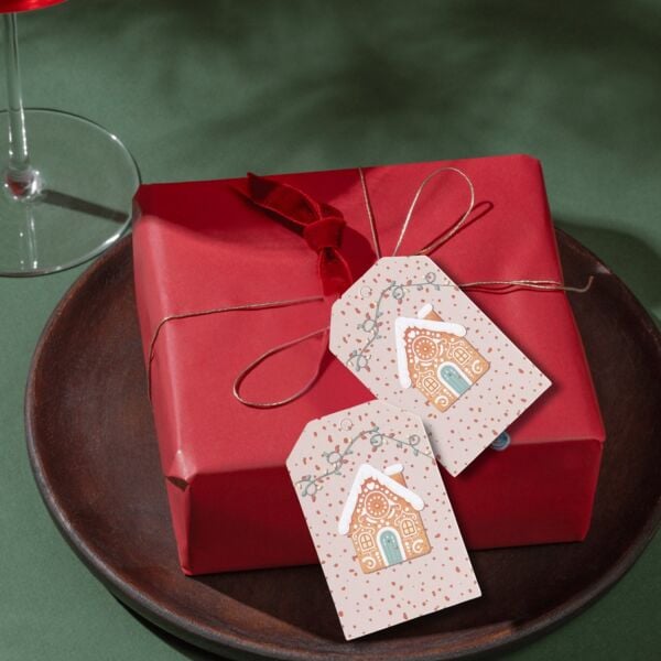 Yılbaşı Ev Temalı Hediye Etiketi, Yeniyıl, Noel Delikli Paketleme  Kartı, 50 Adet-4.8x7.5 Cm, Krem