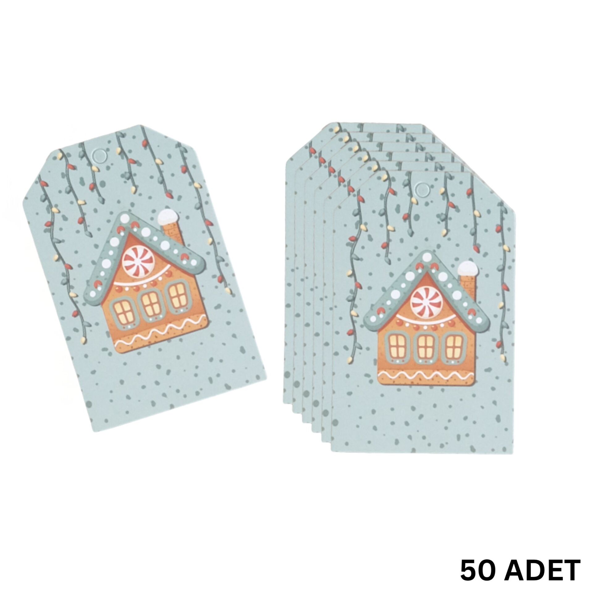 Yılbaşı Ev Temalı Hediye Etiketi, Yeniyıl, Noel Delikli Paketleme  Kartı, 50 Adet-4.8x7.5 Cm, Mavi