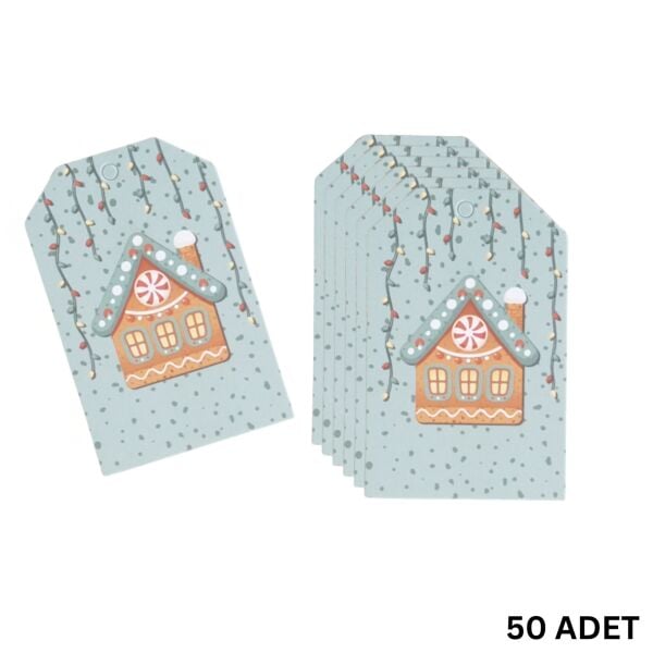 Yılbaşı Ev Temalı Hediye Etiketi, Yeniyıl, Noel Delikli Paketleme  Kartı, 50 Adet-4.8x7.5 Cm, Mavi