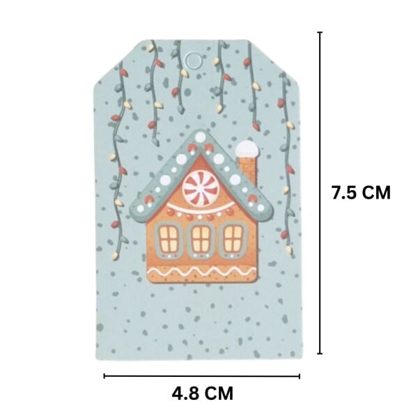 Yılbaşı Ev Temalı Hediye Etiketi, Yeniyıl, Noel Delikli Paketleme  Kartı, 50 Adet-4.8x7.5 Cm, Mavi