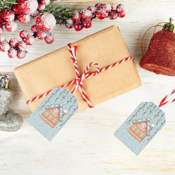 Yılbaşı Ev Temalı Hediye Etiketi, Yeniyıl, Noel Delikli Paketleme  Kartı, 50 Adet-4.8x7.5 Cm, Mavi