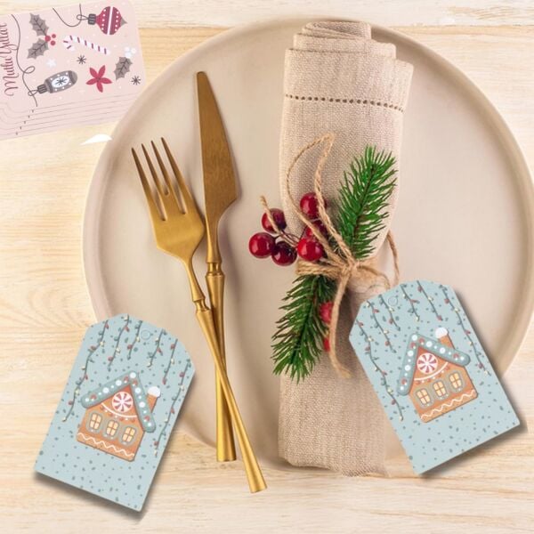 Yılbaşı Ev Temalı Hediye Etiketi, Yeniyıl, Noel Delikli Paketleme  Kartı, 50 Adet-4.8x7.5 Cm, Mavi