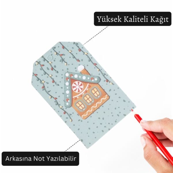 Yılbaşı Ev Temalı Hediye Etiketi, Yeniyıl, Noel Delikli Paketleme  Kartı, 50 Adet-4.8x7.5 Cm, Mavi
