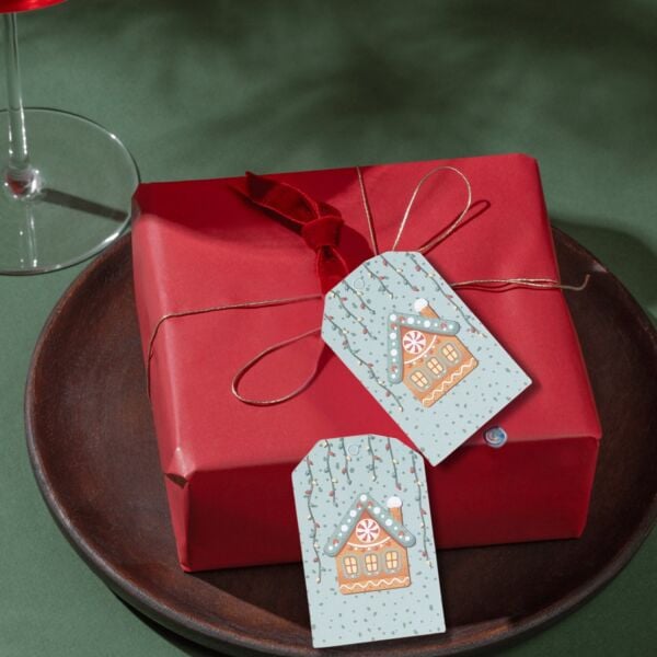 Yılbaşı Ev Temalı Hediye Etiketi, Yeniyıl, Noel Delikli Paketleme  Kartı, 50 Adet-4.8x7.5 Cm, Mavi