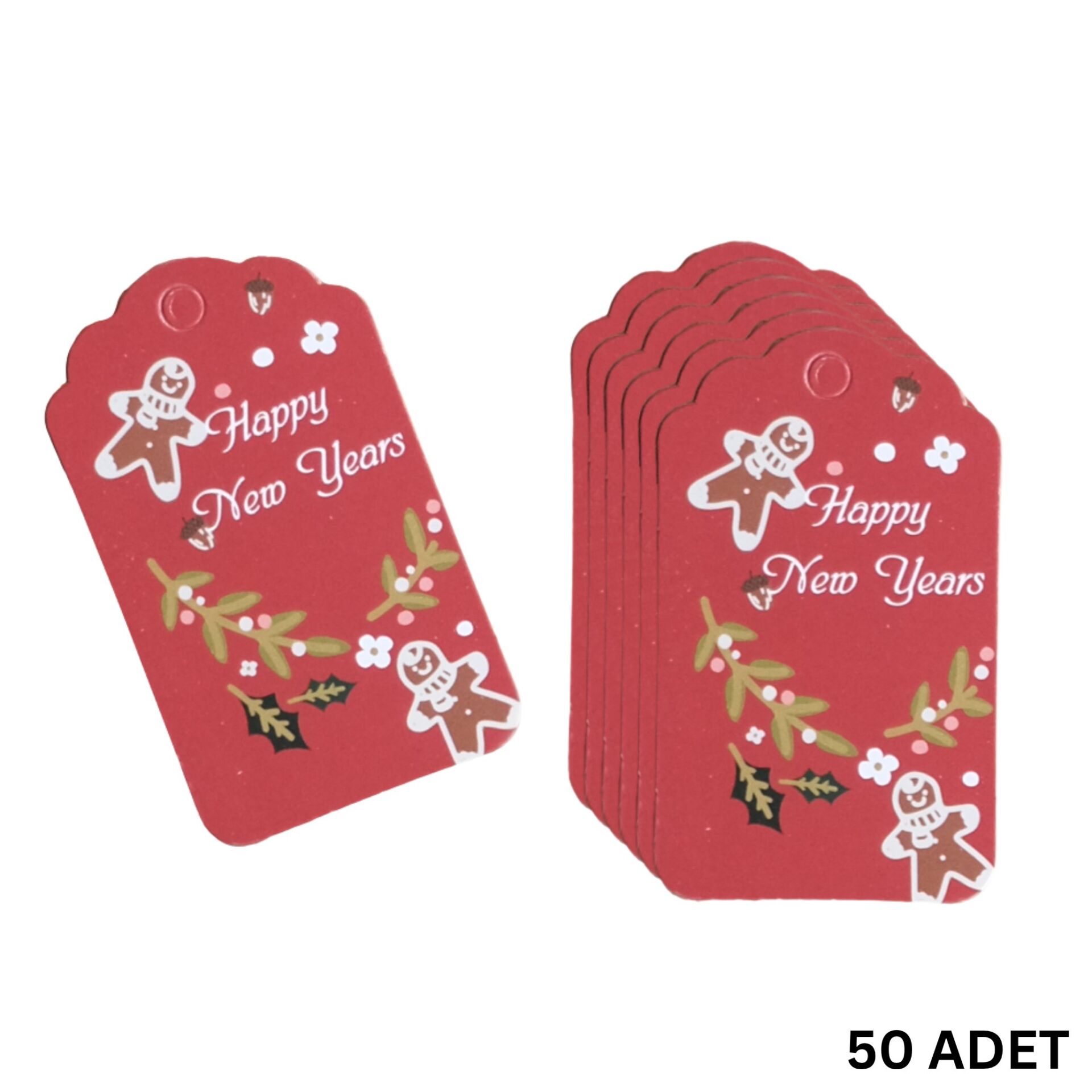 Yılbaşı Happy New Years Yazılı Hediye Etiketi, Yeniyıl Paketleme Kartı, 50 Adet-4,5x7.5Cm, Kırmızı